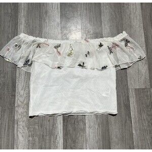 H&M Divided White Off Shoulder Crop Top floral Embroidery Blouse Size Medium